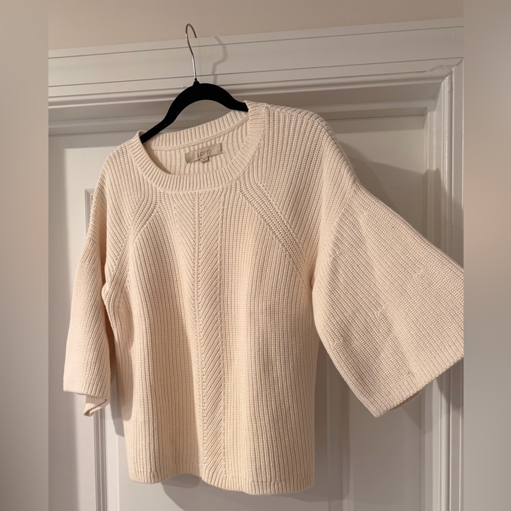 LOFT Cream Ribbed Short-Sleeve Sweater